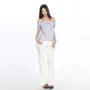Short-Sleeve Cold Shoulder Striped Ruffle Trim Slim Fit Top