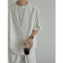 Set: Mock Two-Piece Elbow-Sleeve Split Neck Shirt + Drawstring Waist Plain Wide Leg Shorts