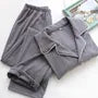 Pajama Set: Long-Sleeve Lapel Collar Contrast Trim Button-Up Top + Pants