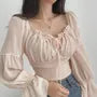 Cinched Sleeve Square Neck Plain Ruched Tie Front Blouse