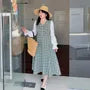 [XL-4XL] Long Sleeve V-Neck Plaid Panel Double Breasted Midi A-Line Dress