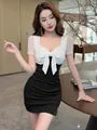 Short Sleeve Square Neck Two Tone Bow Detail Ruched Mini Bodycon Dress