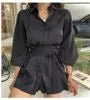 Long-Sleeve Sashed Mini Shirtdress with Shorts