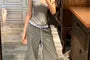 Mock Two Piece Bustier Top / Drawstring Waist Panel Wide Leg Pants