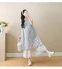 Maternity Sleeveless Round Neck Striped Button Midi A-Line Dress / Drawstring Waist Plain Lace Wide Leg Pants