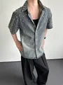 Short Sleeve Collared Washed Faux Pearl Beaded Denim Shirt