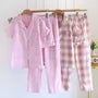 Pajama Set: Short-Sleeve Lapel Collar Plaid Button-Up Top + Shorts + Pants