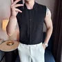 Sleeveless Collared Plain Textured Button Up Shirt