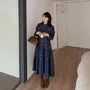 [XL-4XL] Long-Sleeve Collared Contrast Stitched Button-Up Denim Midi A-Line Dress