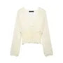 Long-Sleeve V-Neck Lace Panel Button-Up Sheer Crop Blouse