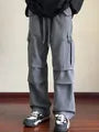 Drawstring Waist Plain Corduroy Straight Leg Cargo Pants