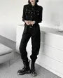 Long-Sleeve Collared Plain Zipped Half-Buttoned Straight Leg Cargo Jumpsuit