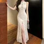Sleeveless Mock Neck Cutout Slit Lace Maxi A-Line Dress