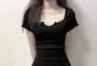 Short-Sleeve Scoop Neck Plain Ruffle Trim Mini Sheath Dress