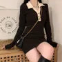 Long-Sleeve V-Neck Contrast Collar Mini Sheath Dress