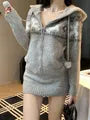 Jacquard Drawstring Hooded Zip Cardigan / Elastic Waist Mini Pencil Knit Skirt