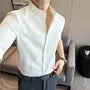 Elbow-Sleeve Stand Collar Button-Up Plain Waffle Shirt