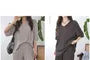 Set: Short-Sleeve V-Neck Pleated Top + Elastic Waist Pleated Pants