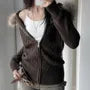 Long Sleeve Plain Cable-Knit Fluffy Hooded Zip-Up Cardigan