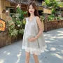 Maternity Sleeveless Square Neck Plaid Frill Trim Tunic / Drawstring Waist Eyelet Lace Wide Leg Shorts
