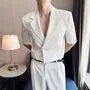 Set: Short-Sleeve Lapel Collar Button Blazer + Mid Rise Plain Dress Pants