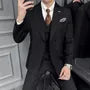 Set: Lapel Collar Pinstriped Double Breasted Blazer + V-Neck Vest + High Waist Dress Pants