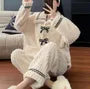 Pajama Set: Collared Bow Coral Fleece Faux Pearl Button Jacket + Straight Leg Pants