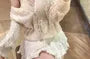 Halter V-Neck Plain Bow Lace Top / V-Neck Pointelle Cardigan