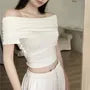 Off Shoulder Short Sleeve Plain Cropped Top