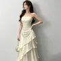 Spaghetti Strap Plain Ruched Ruffle Trim Maxi A-Line Dress