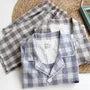 Couple Matching Pajama Set: Long Sleeve Collared Plaid Shirt + Elastic Waist Straight Leg Pants (Various Designs)