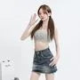 High Waist Washed Tassel Trim Denim Skort
