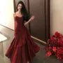 Spaghetti Strap V-Neck Plain Ruffle Panel Ruched Mermaid Evening Gown