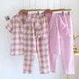Pajama Set: Short-Sleeve Lapel Collar Plaid Button-Up Top + Shorts + Pants