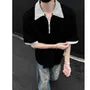 Elbow-Sleeve Contrast Trim Half-Zip Polo Shirt