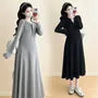 Maternity Long-Sleeve Henley Contrast Trim Midi A-Line Dress