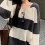 Long-Sleeve V-Neck Striped Sweater / High Rise Plain Wide Leg Pants