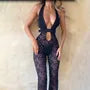 Halter Neck Plunge Plain Lace Panel Cutout See-Through Flared Jumpsuit