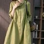 Long-Sleeve Plain Linen Midi A-Line Shirt Dress