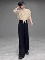Long-Sleeve Tie Neck Plain Button Up Shirt / Mid Rise Plain Wide Leg Dress Pants / Set