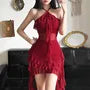 Halter Neck Plain Asymmetrical Mesh Panel Ruffle Trim Open Back Mini Bodycon Dress