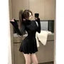Long Sleeve Mock Neck Plain Mini A-Line Dress