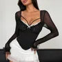 Long-Sleeve Plain Lace Trim Mesh Panel Bustier Top
