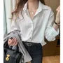 Long-Sleeve Collar Pinstriped Blouse