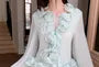 Long-Sleeve V-Neck Plain Ruffle Trim Tie Front Sheer Crop Blouse / Low Rise Rhinestone Accent Layered Mini A-Line Skirt