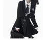 Notch Lapel Striped Button-Up Crop Blazer / Long-Sleeve Collared Plain Lace Trim Blouse / High Waist Pleated Mini A-Line Jumper Skirt / Badge / Necktie / Set