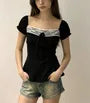 Puff Sleeve Square Neck Lace Panel Tie-Front Slim-Fit Top