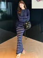 Long-Sleeve Crew Neck Plain T-Shirt / High Waist Striped Maxi Pencil Skirt