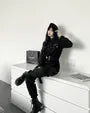 Long-Sleeve Collared Plain Zipped Half-Buttoned Straight Leg Cargo Jumpsuit