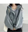 Hooded Drop Shoulder Washed Denim Zip Jacket